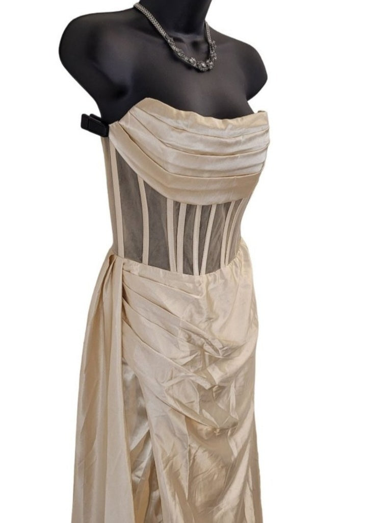 Beige Champagne Strapless Halo Dress with Structured Bodice and Side Train