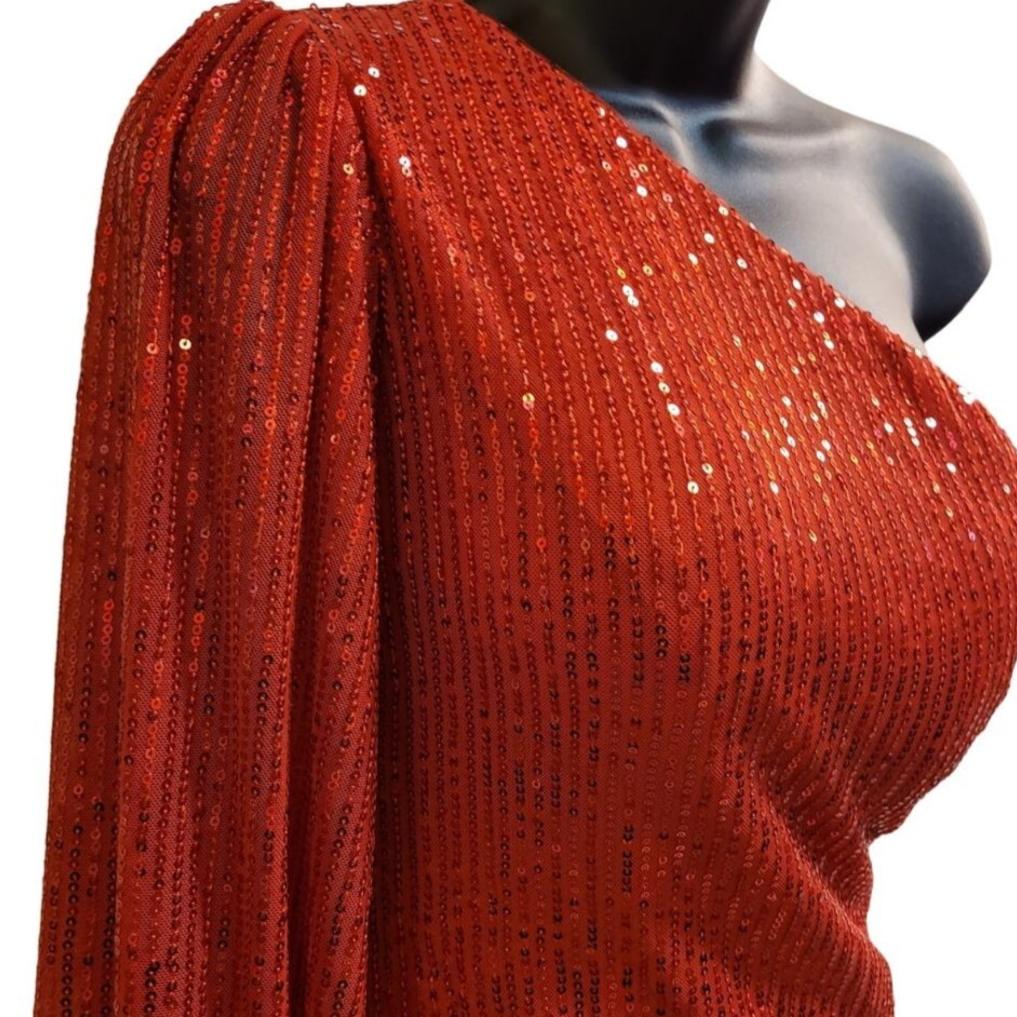 Women's Bright Red Sequin One Long Sleeve Short Dress
