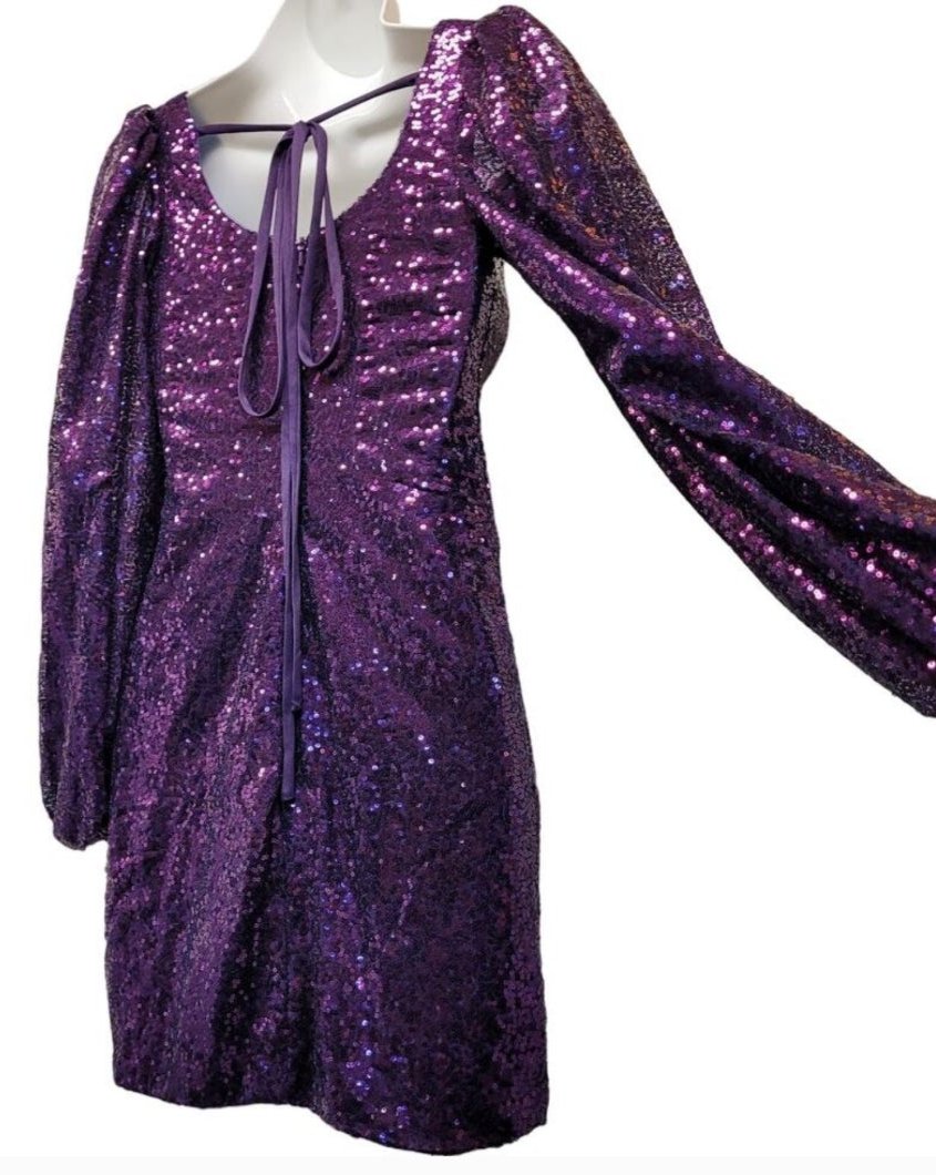 Women's Purple Short Sequin Dress with Long Sleeves