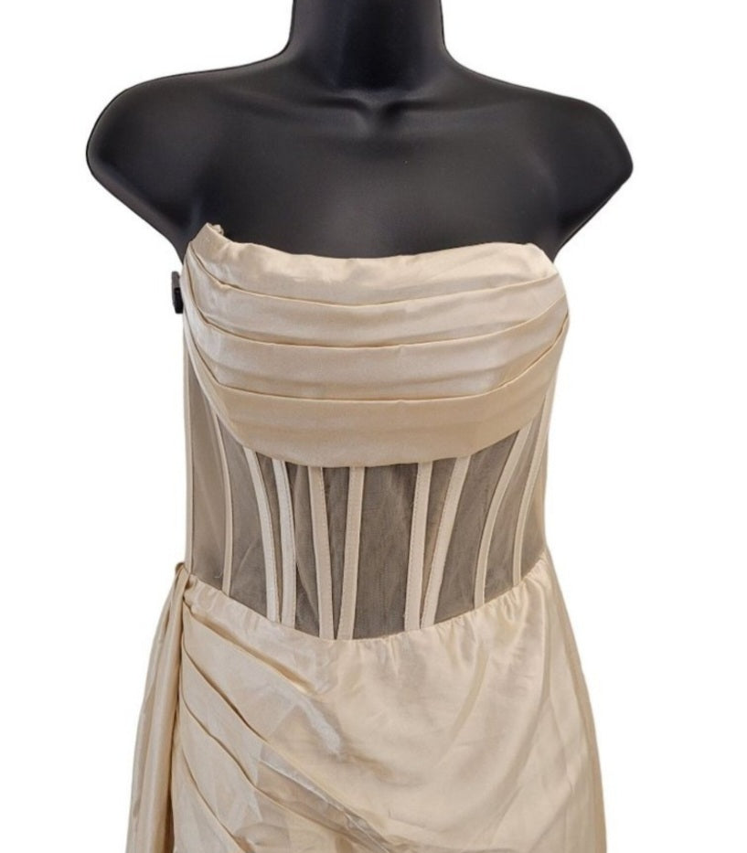 Beige Champagne Strapless Halo Dress with Structured Bodice and Side Train