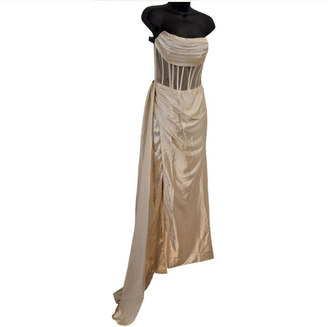 Beige Champagne Strapless Halo Dress with Structured Bodice and Side Train