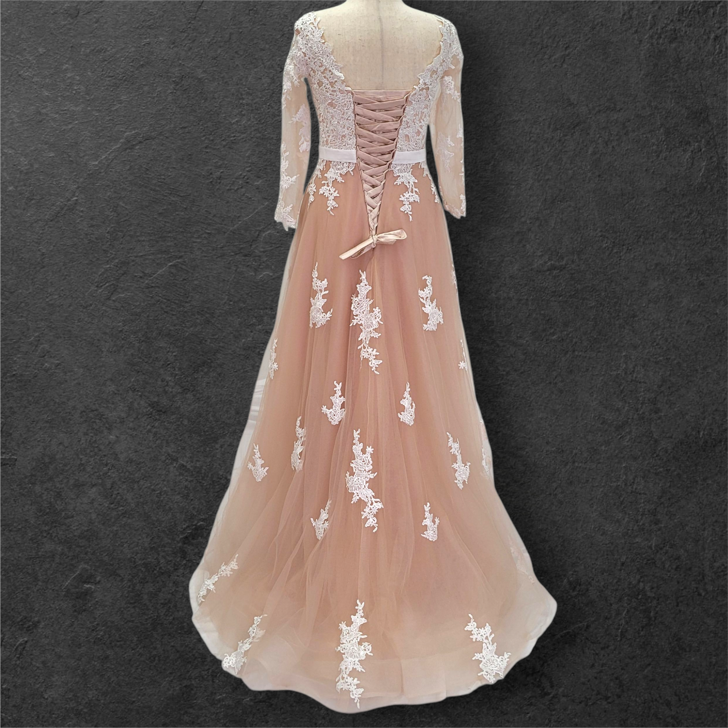 Beige Pink Ballgown with Silver Jeweled Belt and Floral Appliques