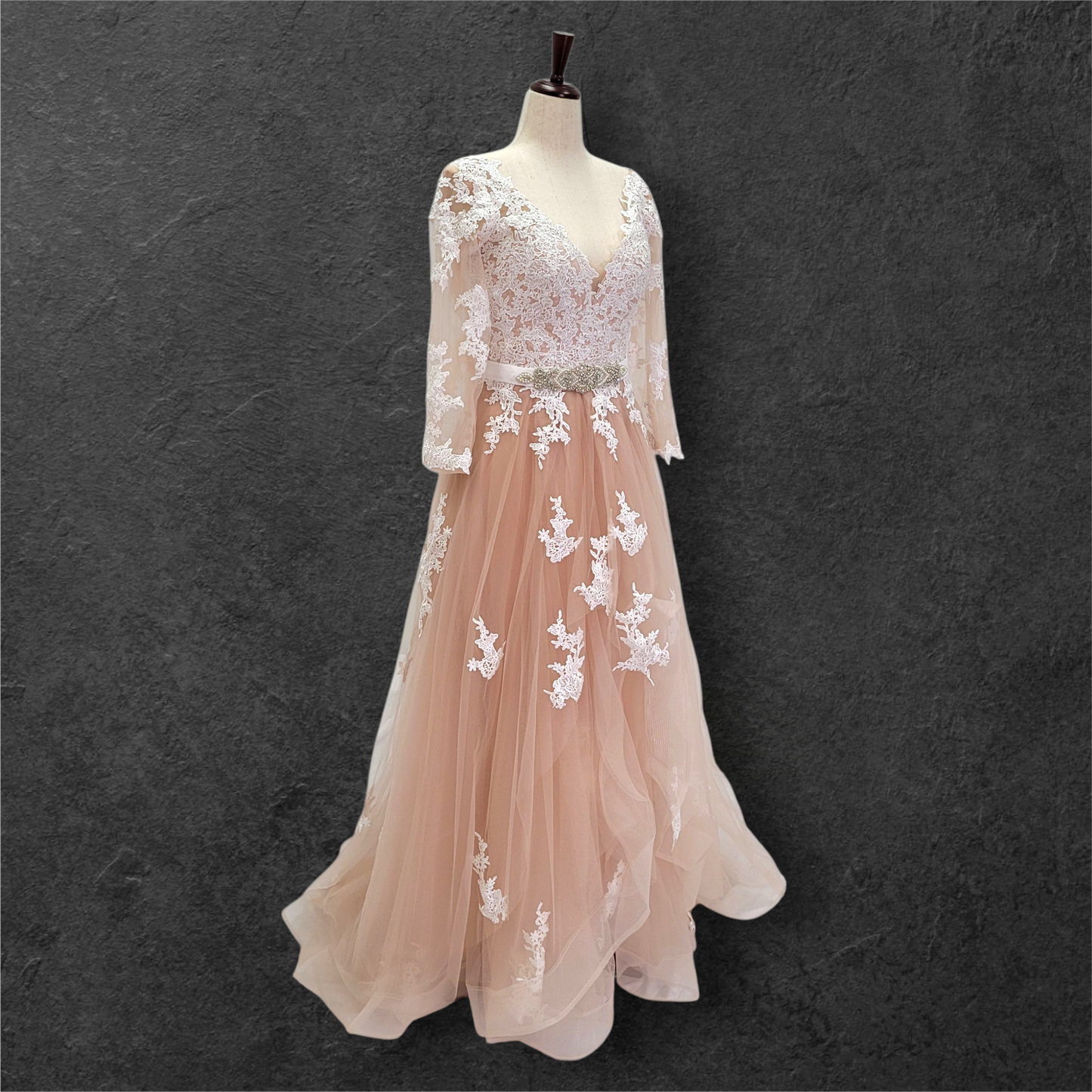 Beige Pink Ballgown with Silver Jeweled Belt and Floral Appliques