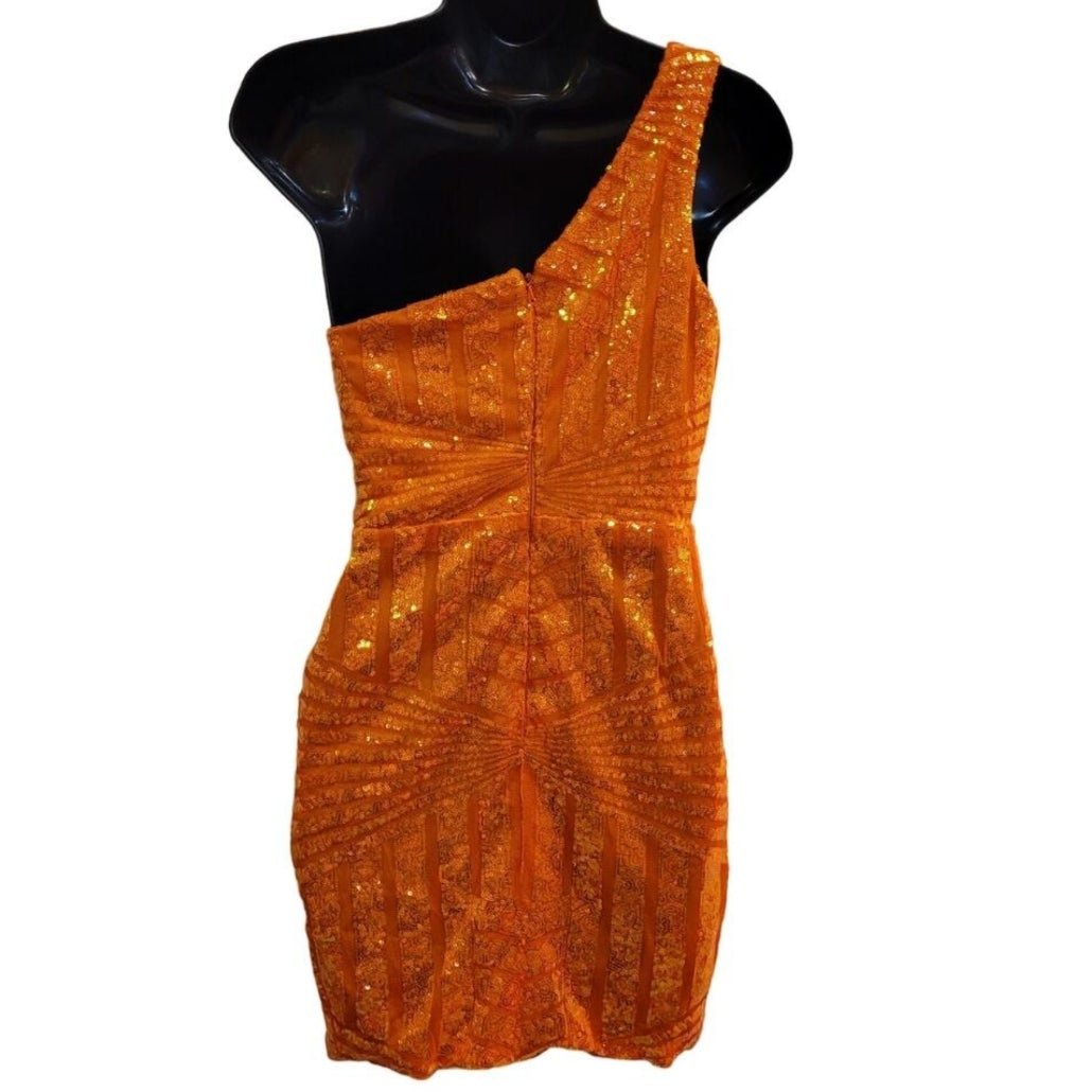 Women's Orange Sequin Pattern One Shoulder Asymmetrical Short Dress