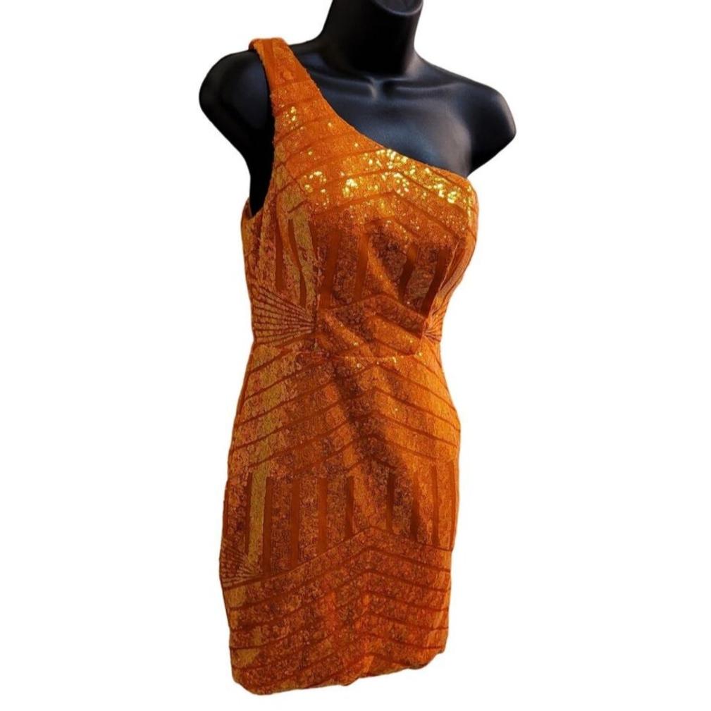 Women's Orange Sequin Pattern One Shoulder Asymmetrical Short Dress