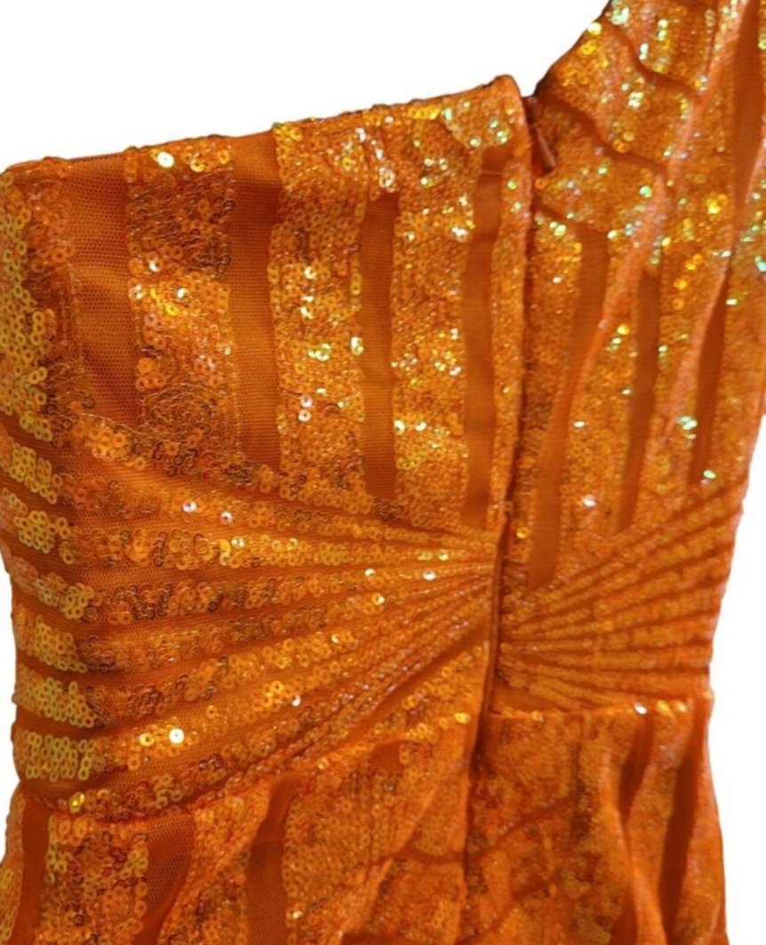 Women's Orange Sequin Pattern One Shoulder Asymmetrical Short Dress