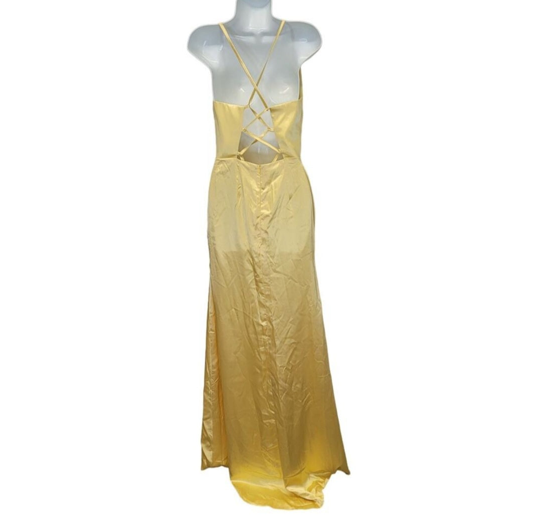 Buttercup Yellow Strappy Halo Dress Scoop Neckline with Corset Back