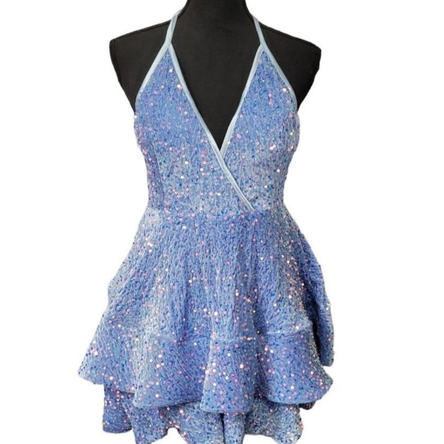 Women's Icy Blue V Neck Halter Short Dress
