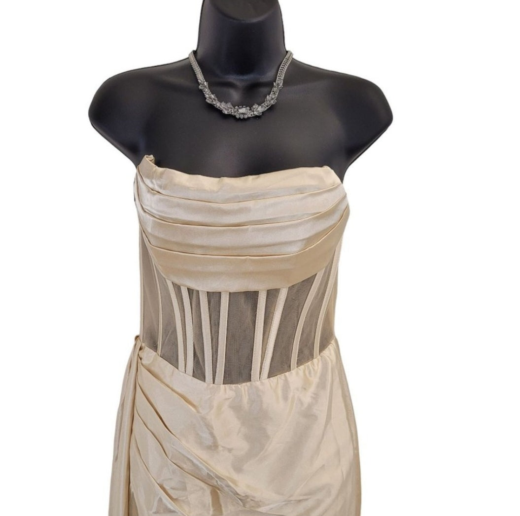 Beige Champagne Strapless Halo Dress with Structured Bodice and Side Train