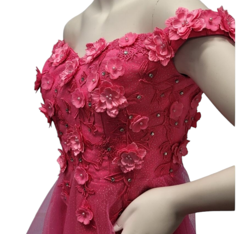 Women's Hot Pink Short Flower Off Shoulder Dress