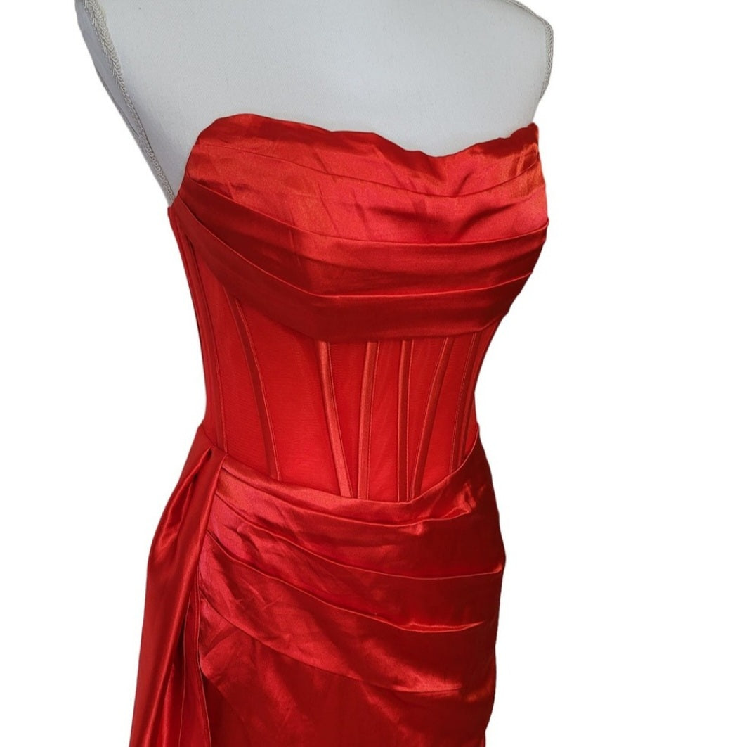 Bright Red Strapless Halo Dress with Structured Bodice and Side Train