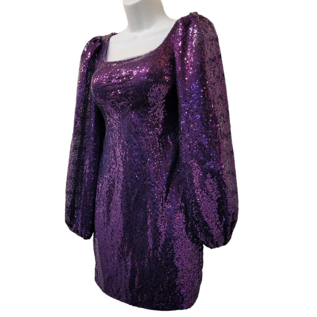 Women's Purple Short Sequin Dress with Long Sleeves