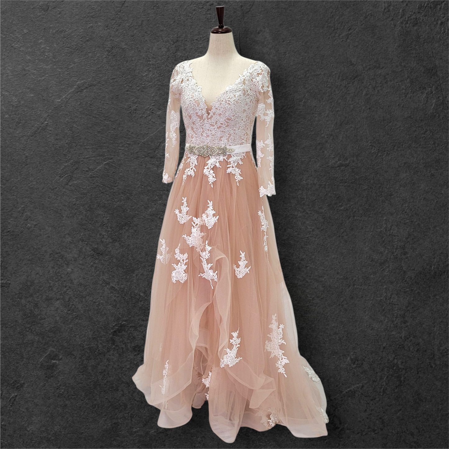 Beige Pink Ballgown with Silver Jeweled Belt and Floral Appliques