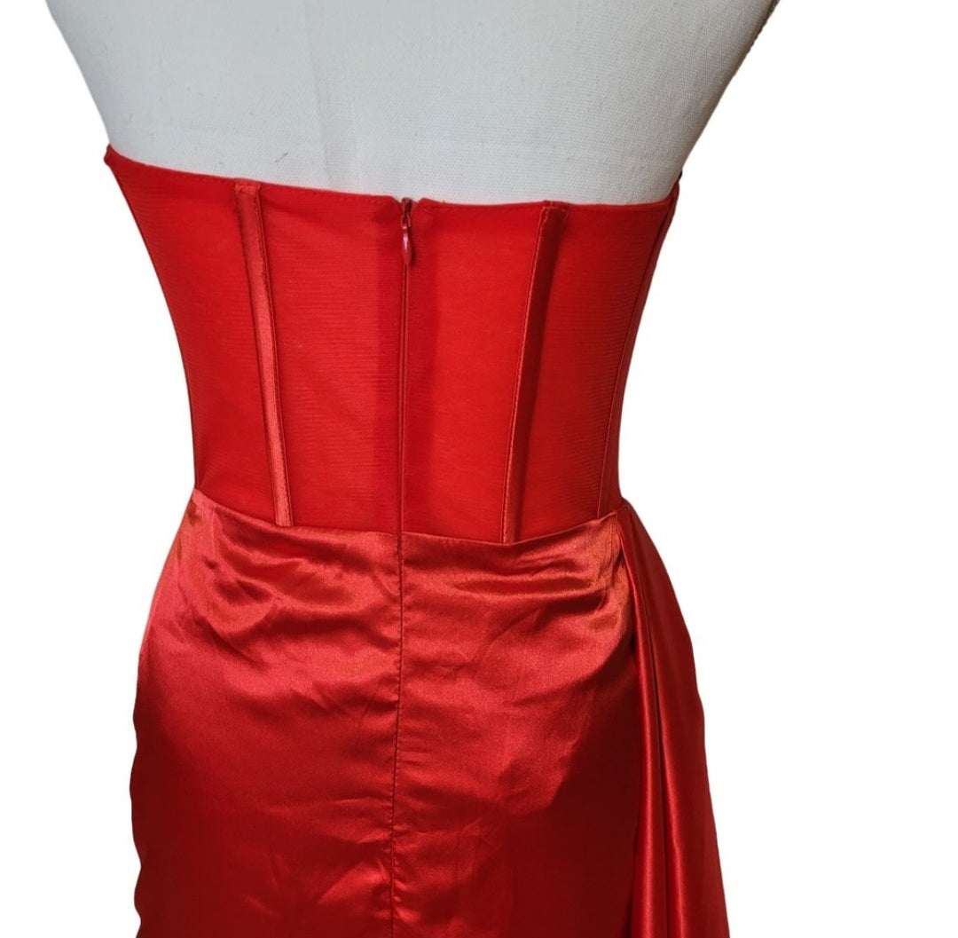 Bright Red Strapless Halo Dress with Structured Bodice and Side Train