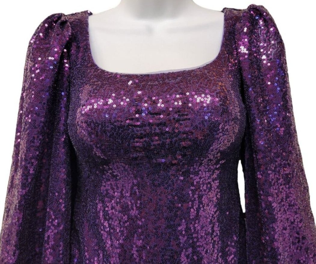 Women's Purple Short Sequin Dress with Long Sleeves