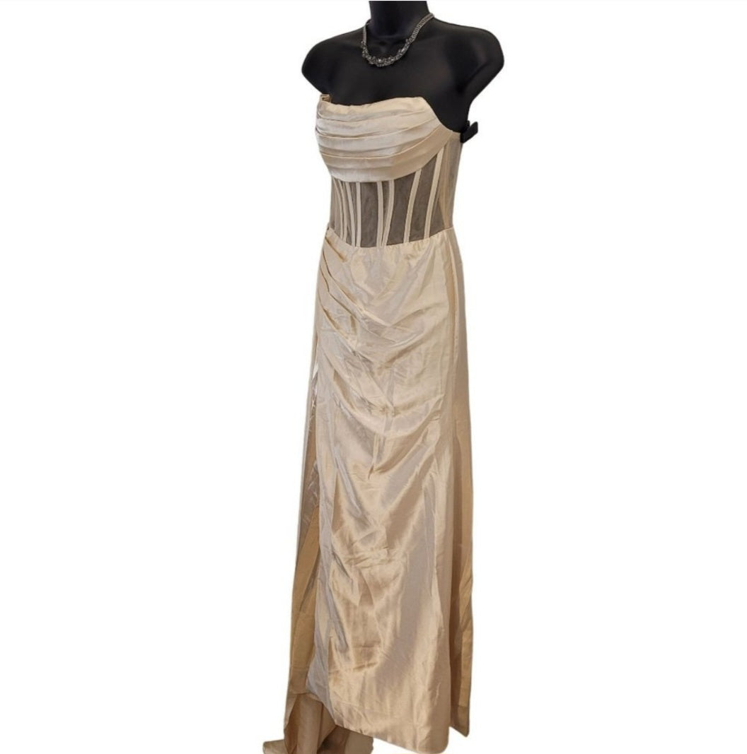 Beige Champagne Strapless Halo Dress with Structured Bodice and Side Train