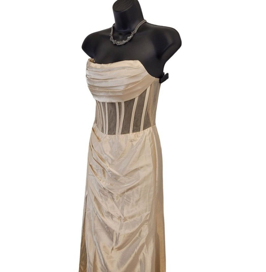 Beige Champagne Strapless Halo Dress with Structured Bodice and Side Train