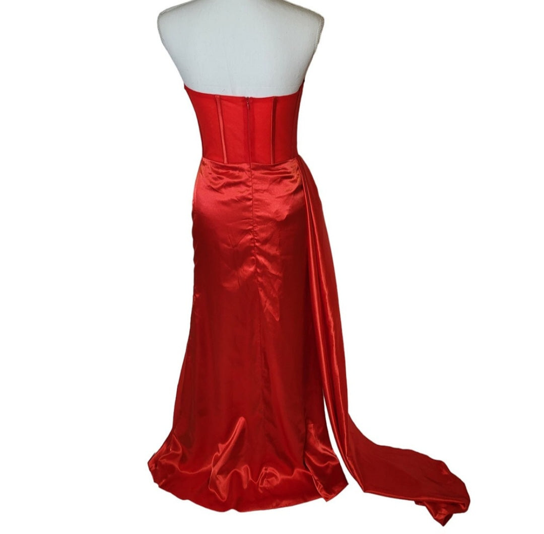Bright Red Strapless Halo Dress with Structured Bodice and Side Train