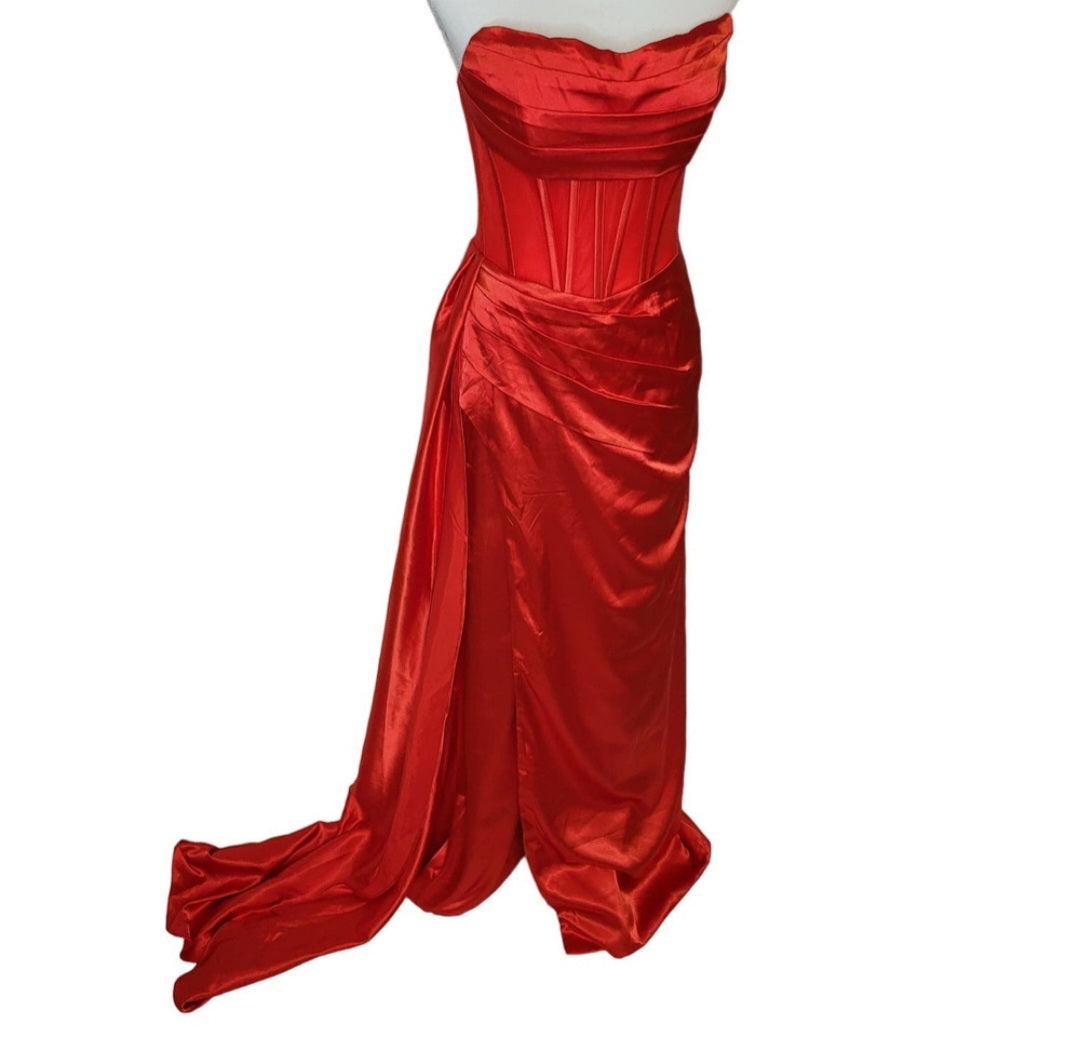 Bright Red Strapless Halo Dress with Structured Bodice and Side Train