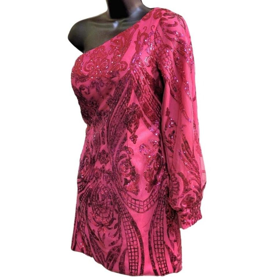 Women's Hot Pink Sequin Pattern One Long Sleeve Asymmetrical Short Dress