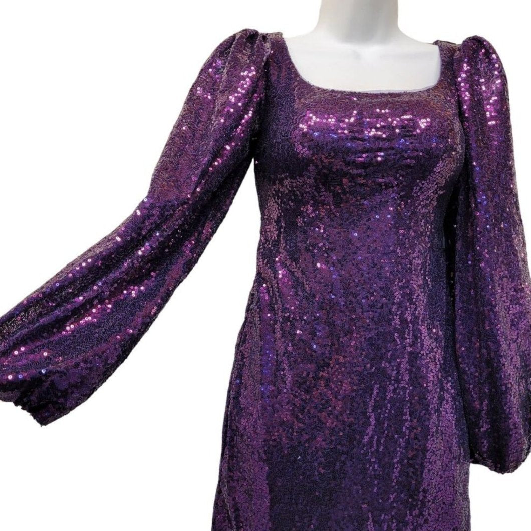 Women's Purple Short Sequin Dress with Long Sleeves
