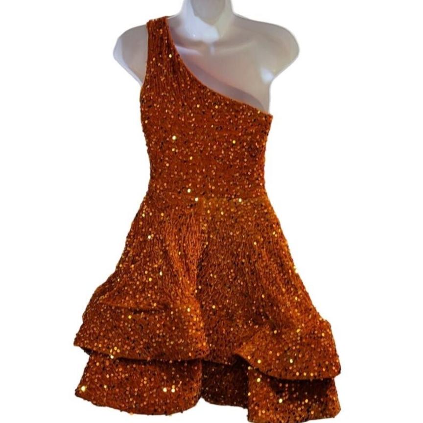 Women's Orange One Shoulder with Cutout Asymmetrical Short Dress