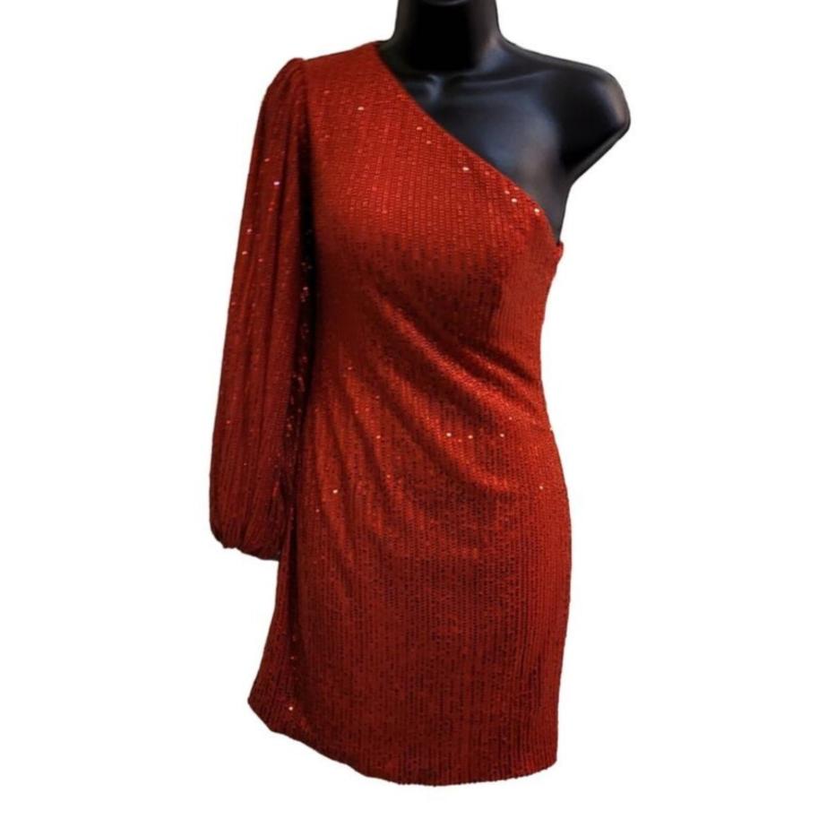 Women's Bright Red Sequin One Long Sleeve Short Dress