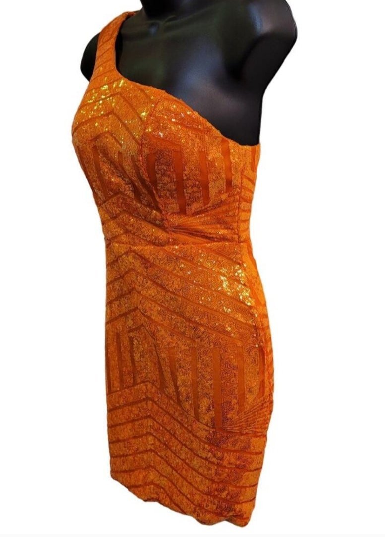 Women's Orange Sequin Pattern One Shoulder Asymmetrical Short Dress
