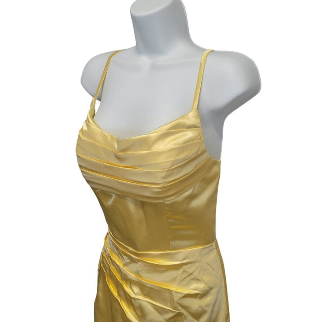 Buttercup Yellow Strappy Halo Dress Scoop Neckline with Corset Back