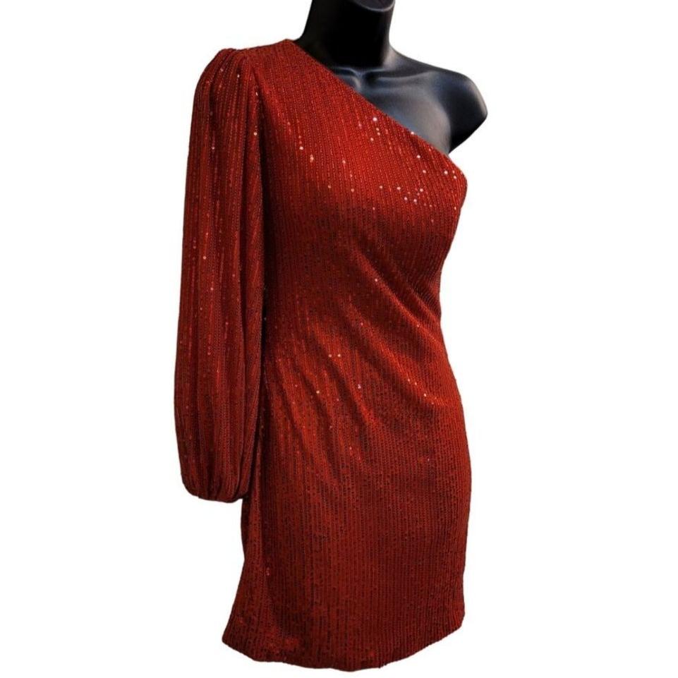 Women's Bright Red Sequin One Long Sleeve Short Dress
