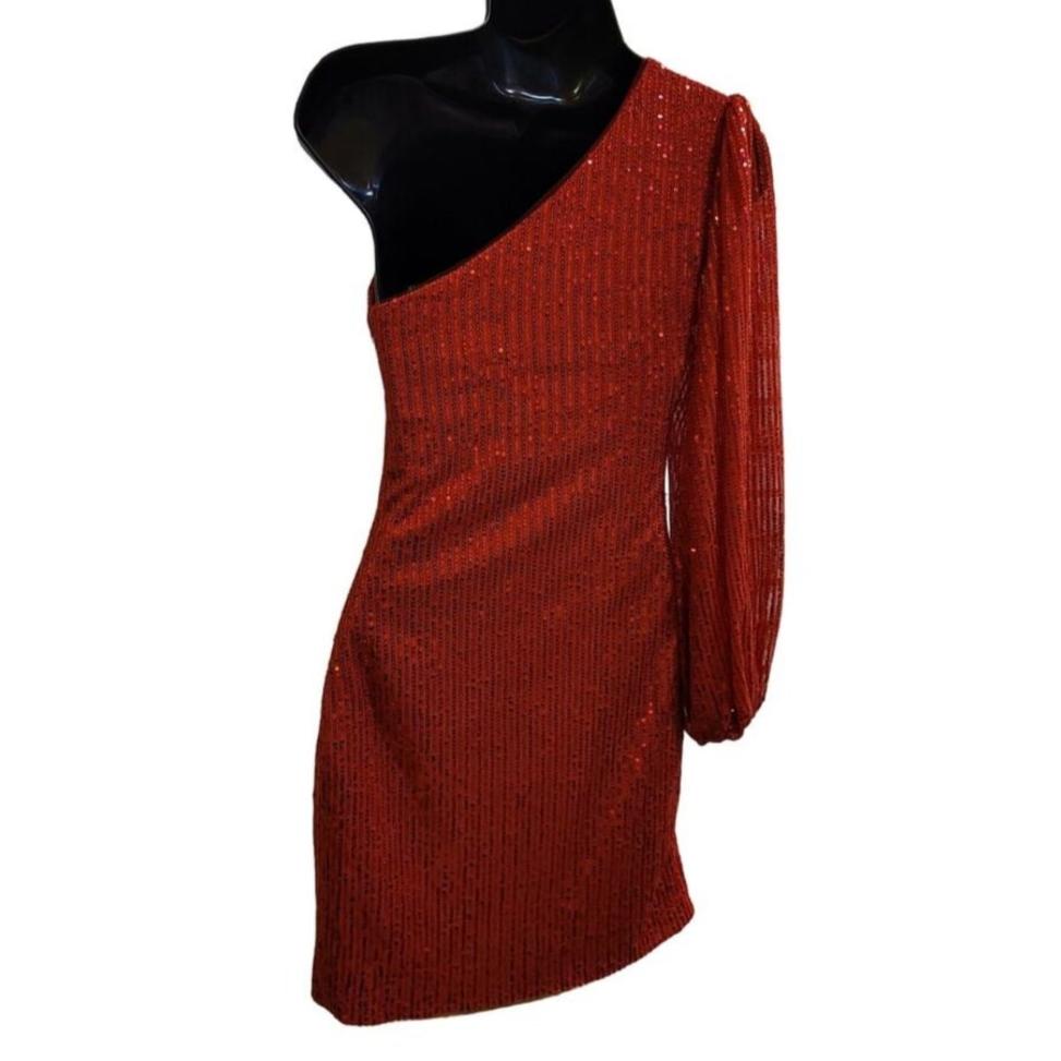 Women's Bright Red Sequin One Long Sleeve Short Dress