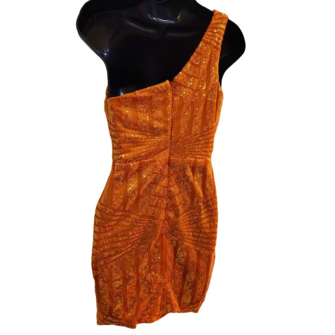 Women's Orange Sequin Pattern One Shoulder Asymmetrical Short Dress