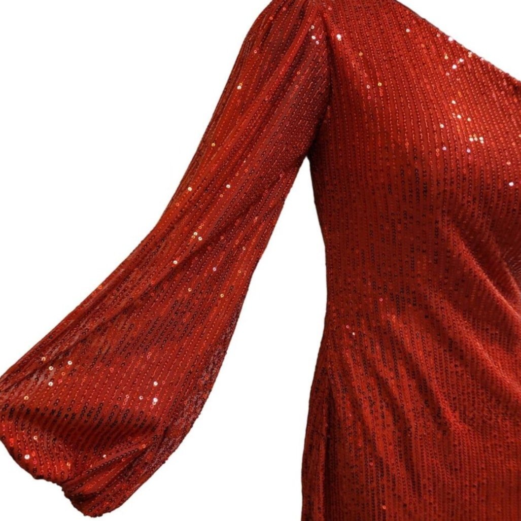 Women's Bright Red Sequin One Long Sleeve Short Dress