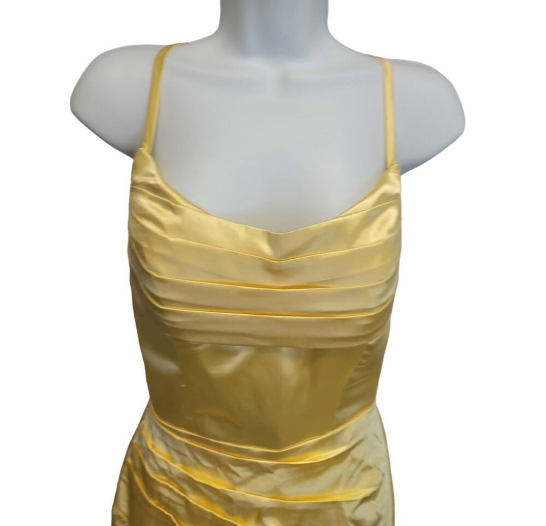 Buttercup Yellow Strappy Halo Dress Scoop Neckline with Corset Back