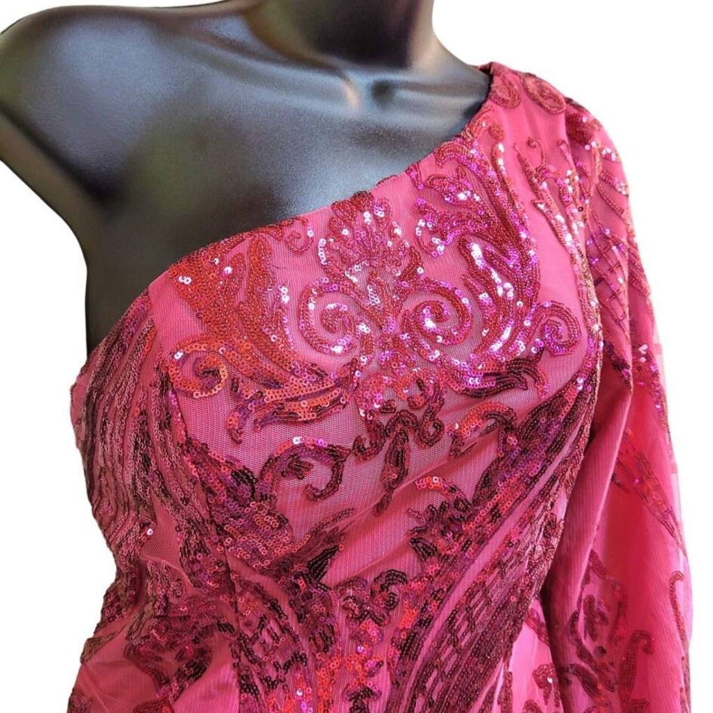 Women's Hot Pink Sequin Pattern One Long Sleeve Asymmetrical Short Dress