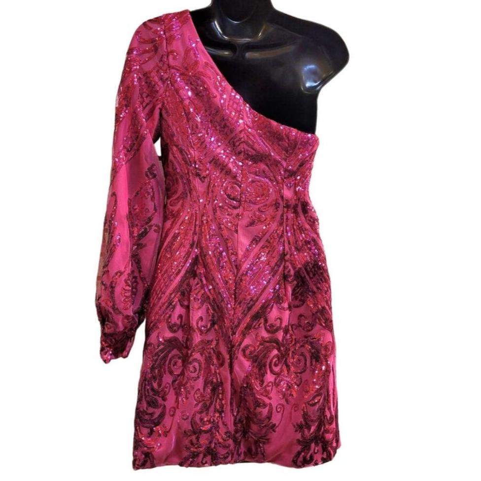 Women's Hot Pink Sequin Pattern One Long Sleeve Asymmetrical Short Dress
