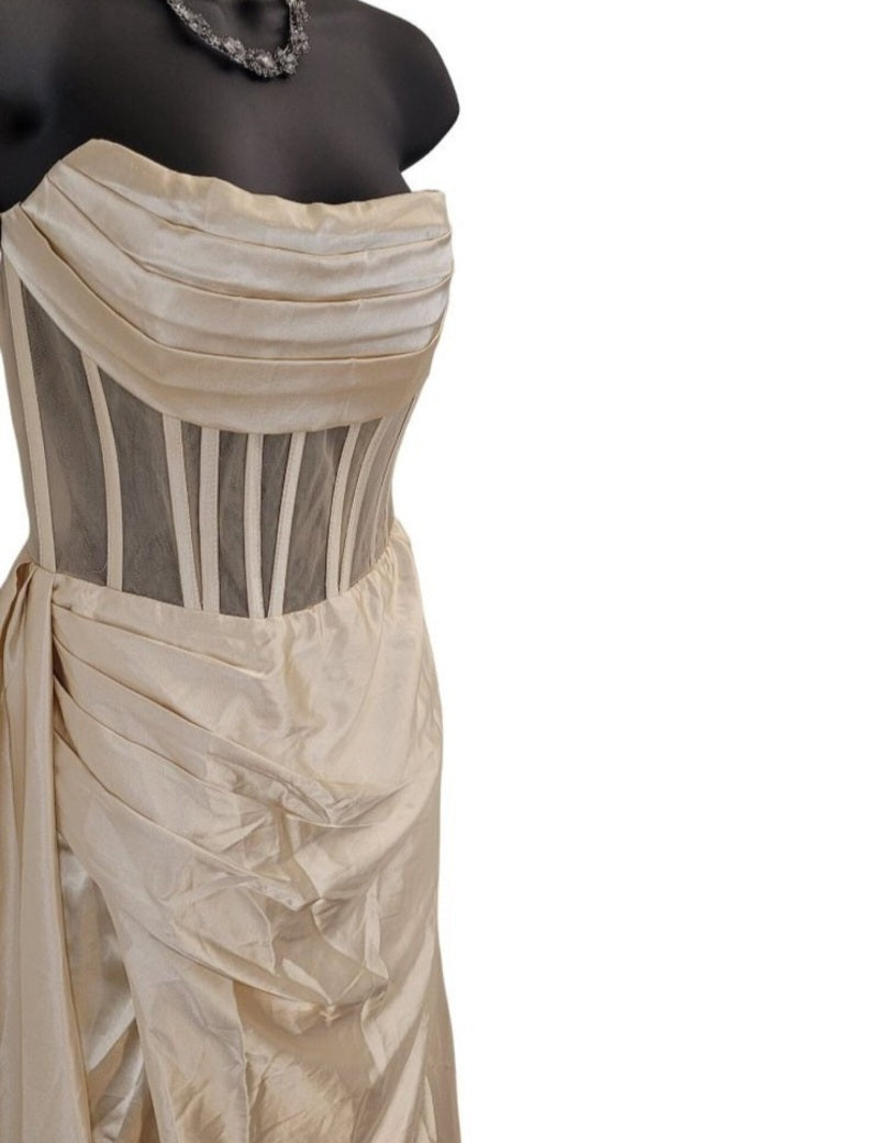 Beige Champagne Strapless Halo Dress with Structured Bodice and Side Train