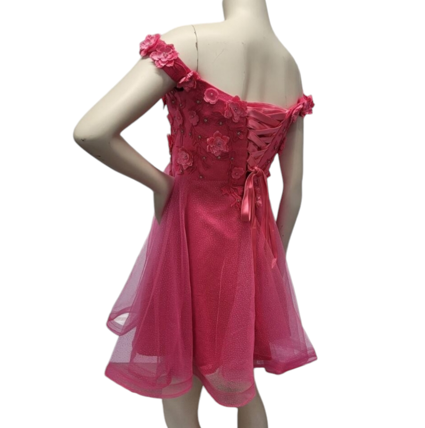Women's Hot Pink Short Flower Off Shoulder Dress