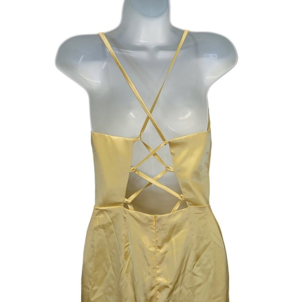 Buttercup Yellow Strappy Halo Dress Scoop Neckline with Corset Back