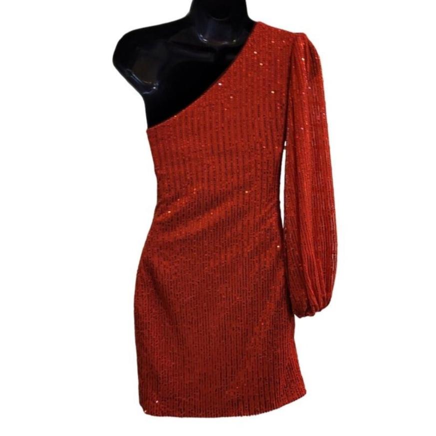 Women's Bright Red Sequin One Long Sleeve Short Dress