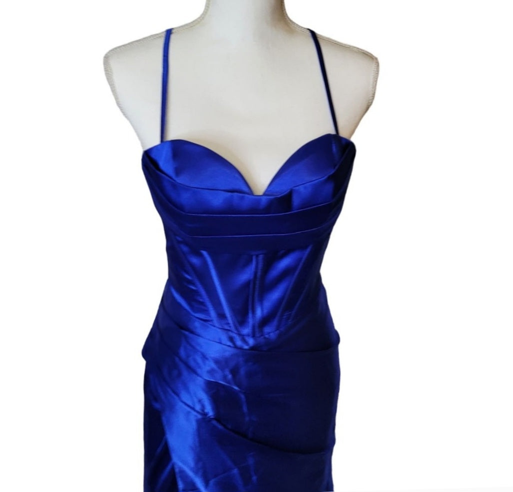 Sapphire Blue Strappy Halo Dress Sweetheart Neckline with Corset Back