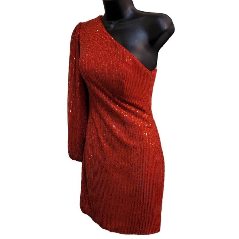 Women's Bright Red Sequin One Long Sleeve Short Dress