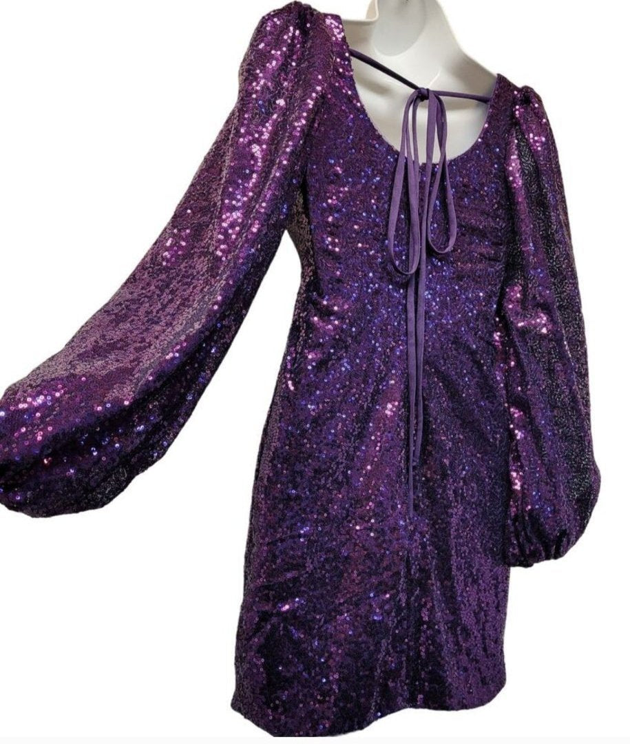 Women's Purple Short Sequin Dress with Long Sleeves