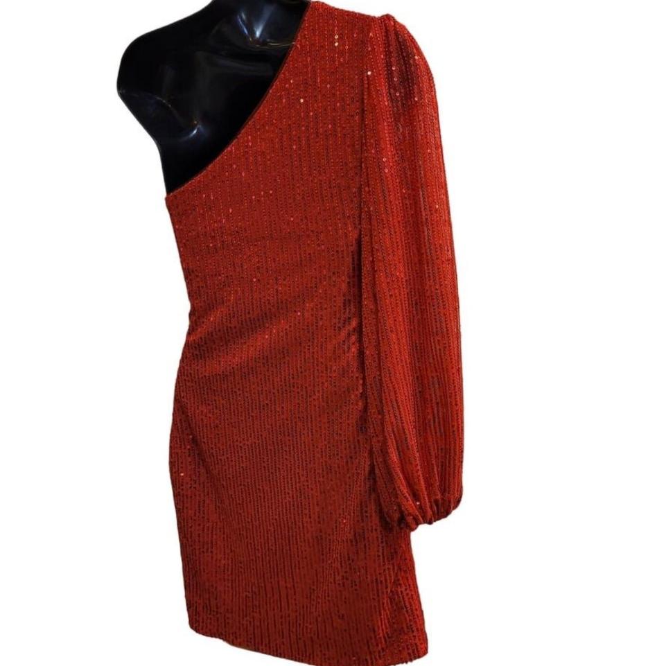 Women's Bright Red Sequin One Long Sleeve Short Dress