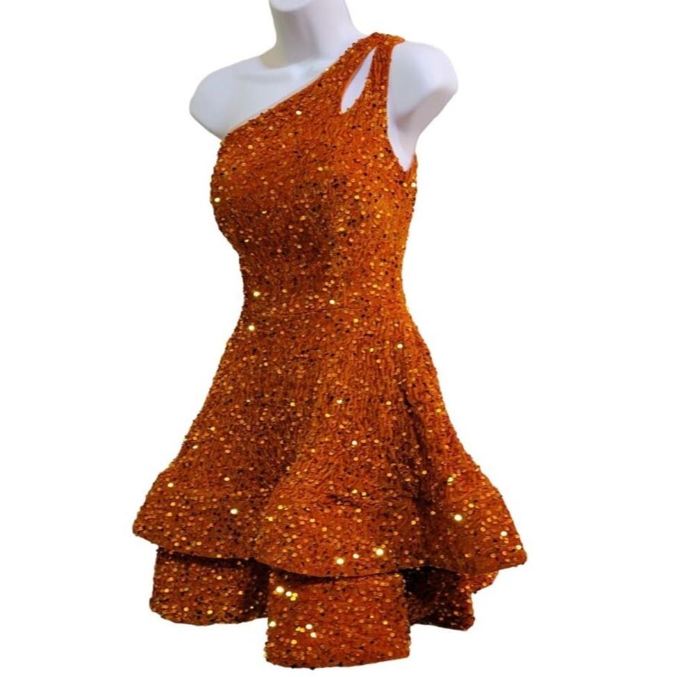 Women's Orange One Shoulder with Cutout Asymmetrical Short Dress