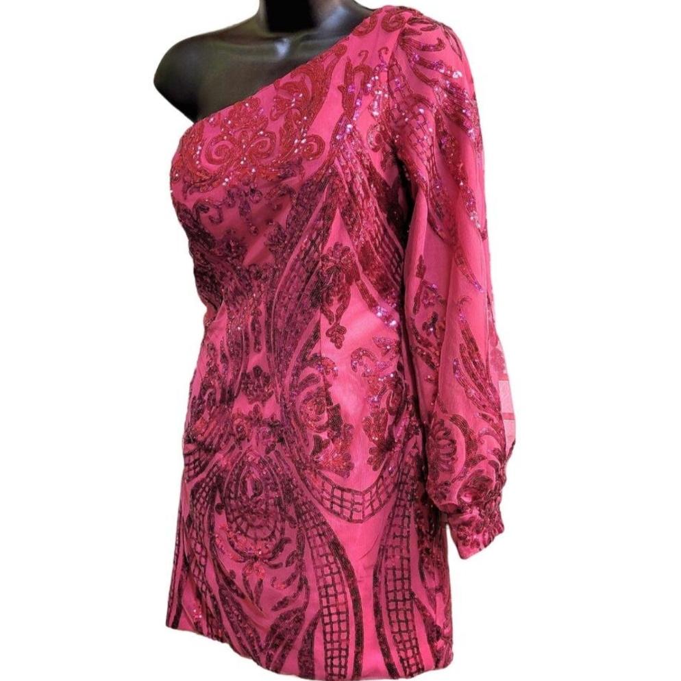 Women's Hot Pink Sequin Pattern One Long Sleeve Asymmetrical Short Dress
