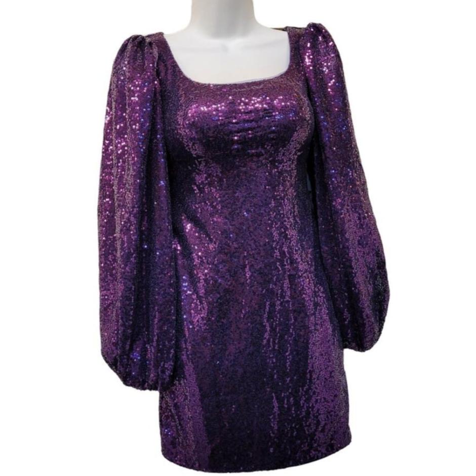 Women's Purple Short Sequin Dress with Long Sleeves