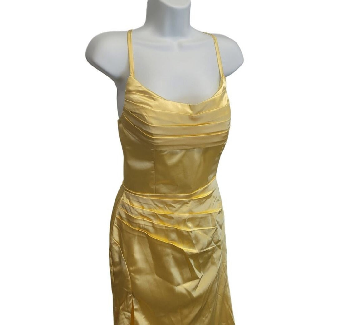 Buttercup Yellow Strappy Halo Dress Scoop Neckline with Corset Back