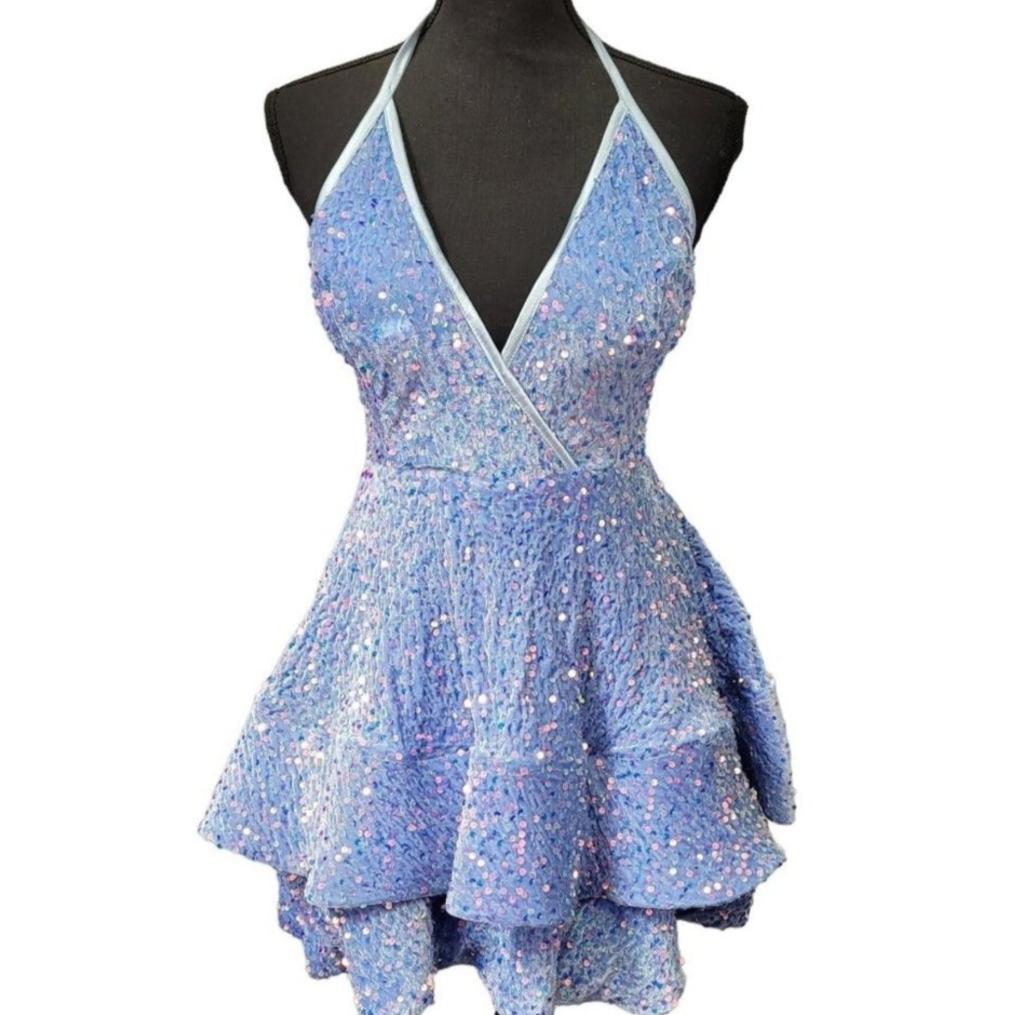 Women's Icy Blue V Neck Halter Short Dress