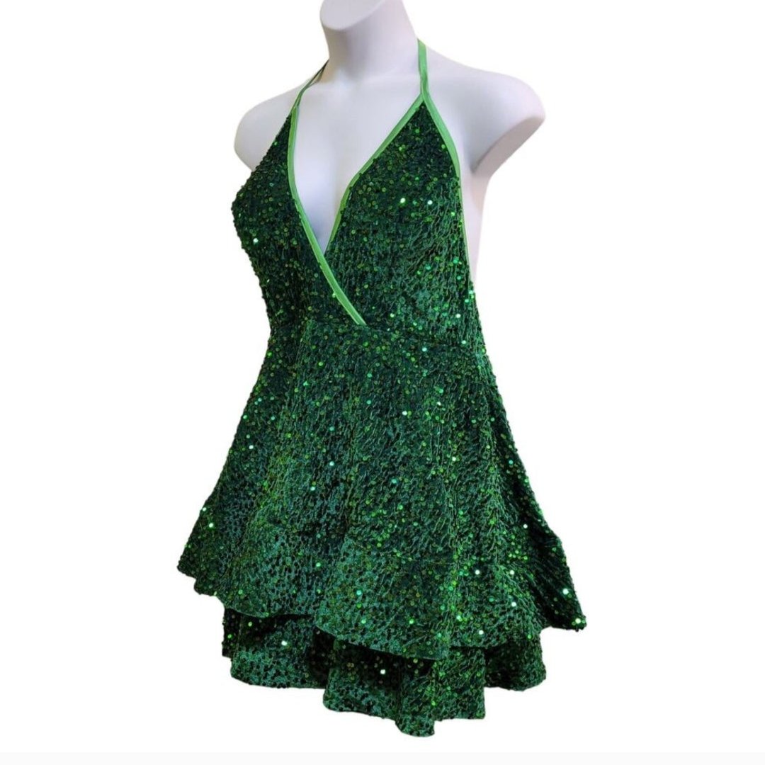 Women's Shamrock Green V Neck Halter Short Dress